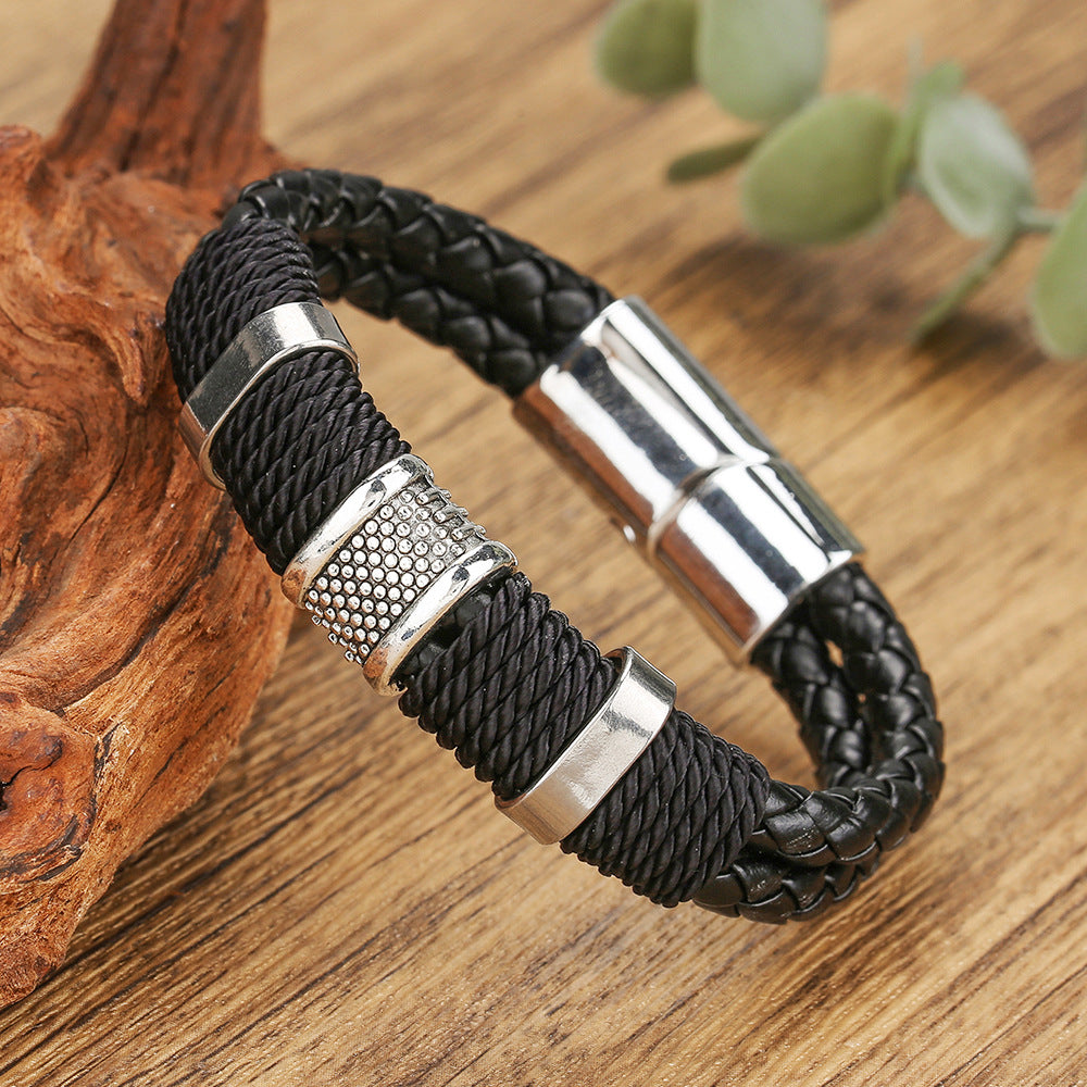 Hip-hop Round Leather Handmade Braided Multi-layer Bracelet with Magnetic Clasp
