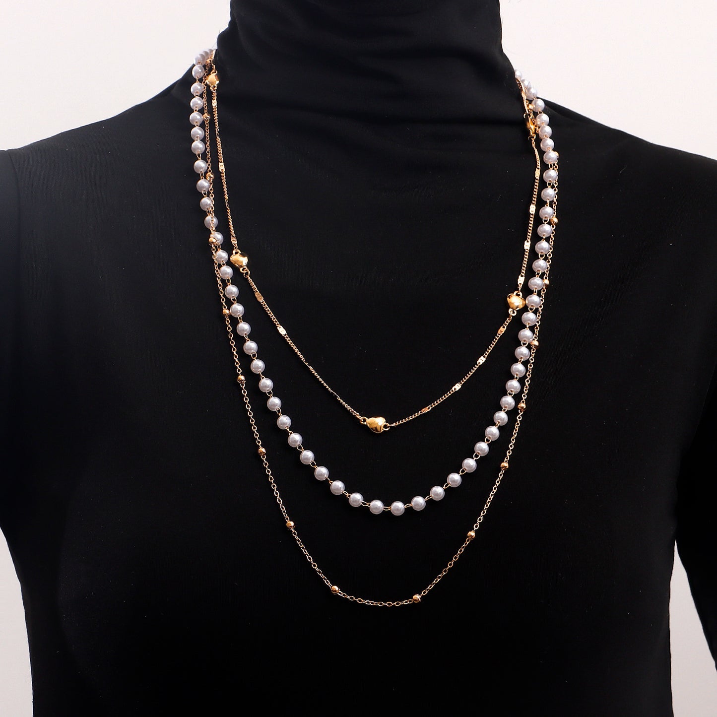 Punk Style Heart-Shaped Electroplated Metal Multi-Layer Sweater Chain for Women with Geometric Design and Pearl Accents