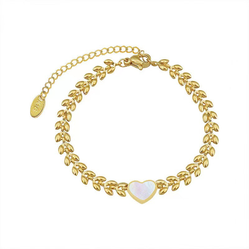 Vintage Wheat Sheaf Shaped Stainless Steel Bracelet with Gold Plating and Mother-of-Pearl Inlay for Women