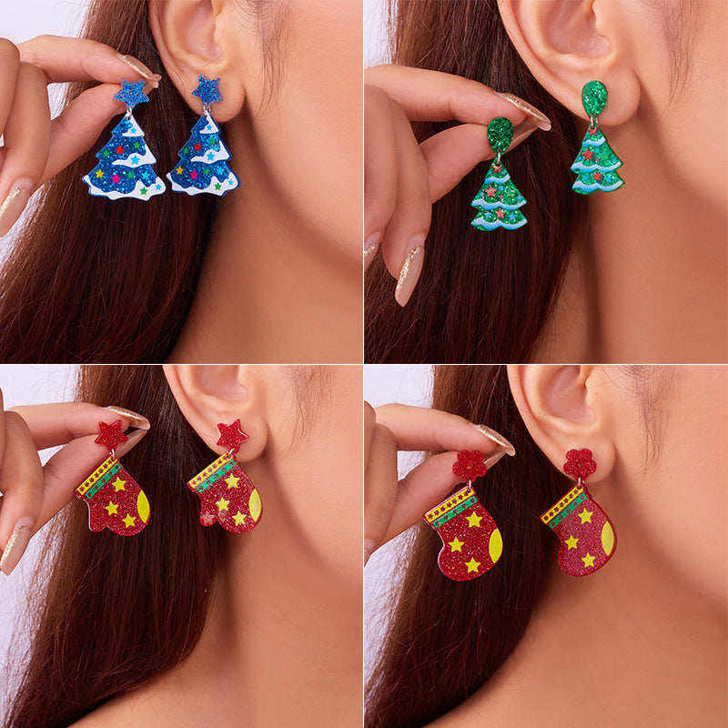 Pendientes Acrílicos en Forma de Árbol de Navidad para Mujer con Patrón Festivo Impreso