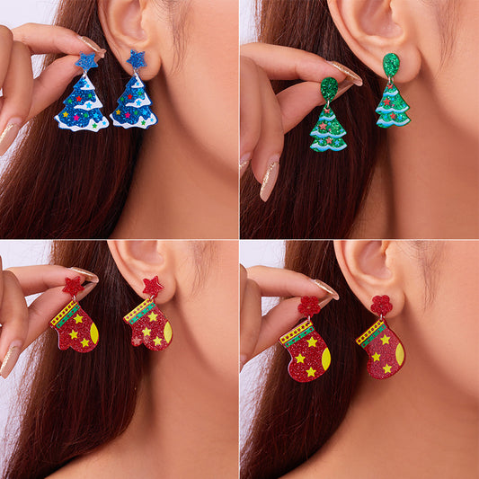 Pendientes Acrílicos en Forma de Árbol de Navidad para Mujer con Patrón Festivo Impreso