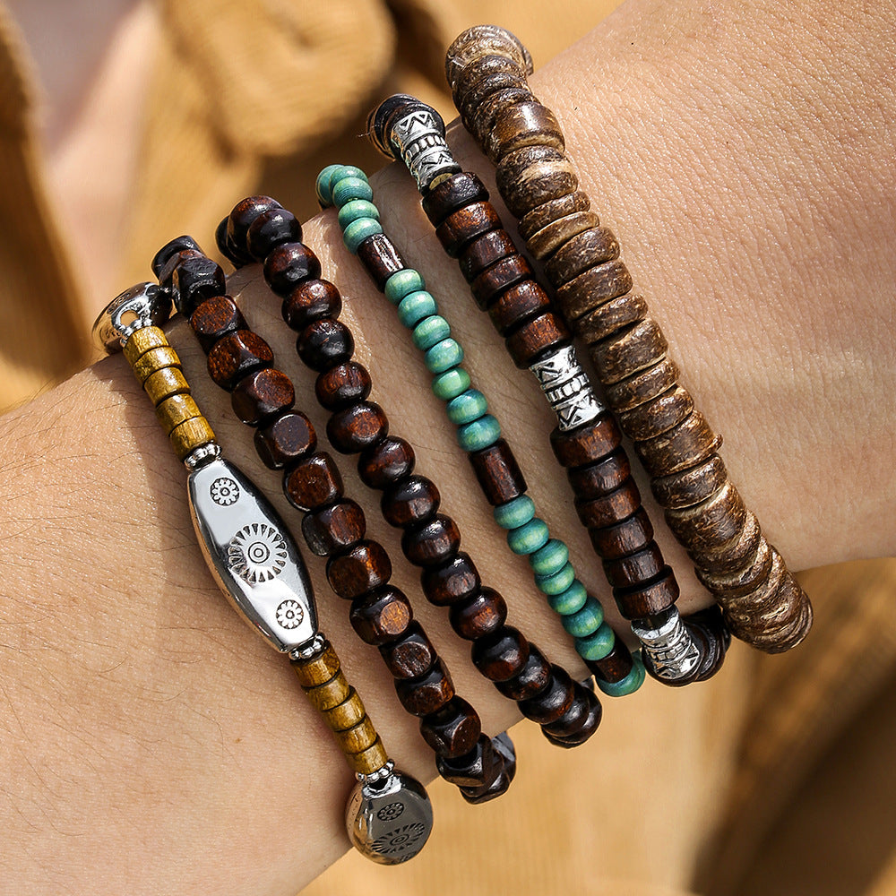 Vintage Hip-hop Round Wood Bead Alloy Multi-layer Stretch Bracelet Set