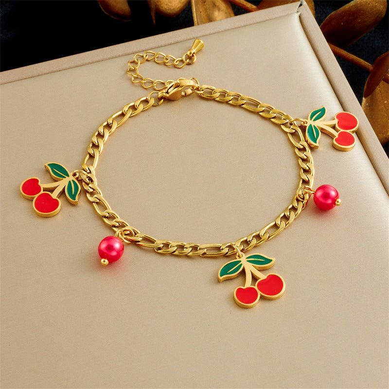 Sweet Gold Plated Stainless Steel Cherry Strawberry Pendant Bracelet