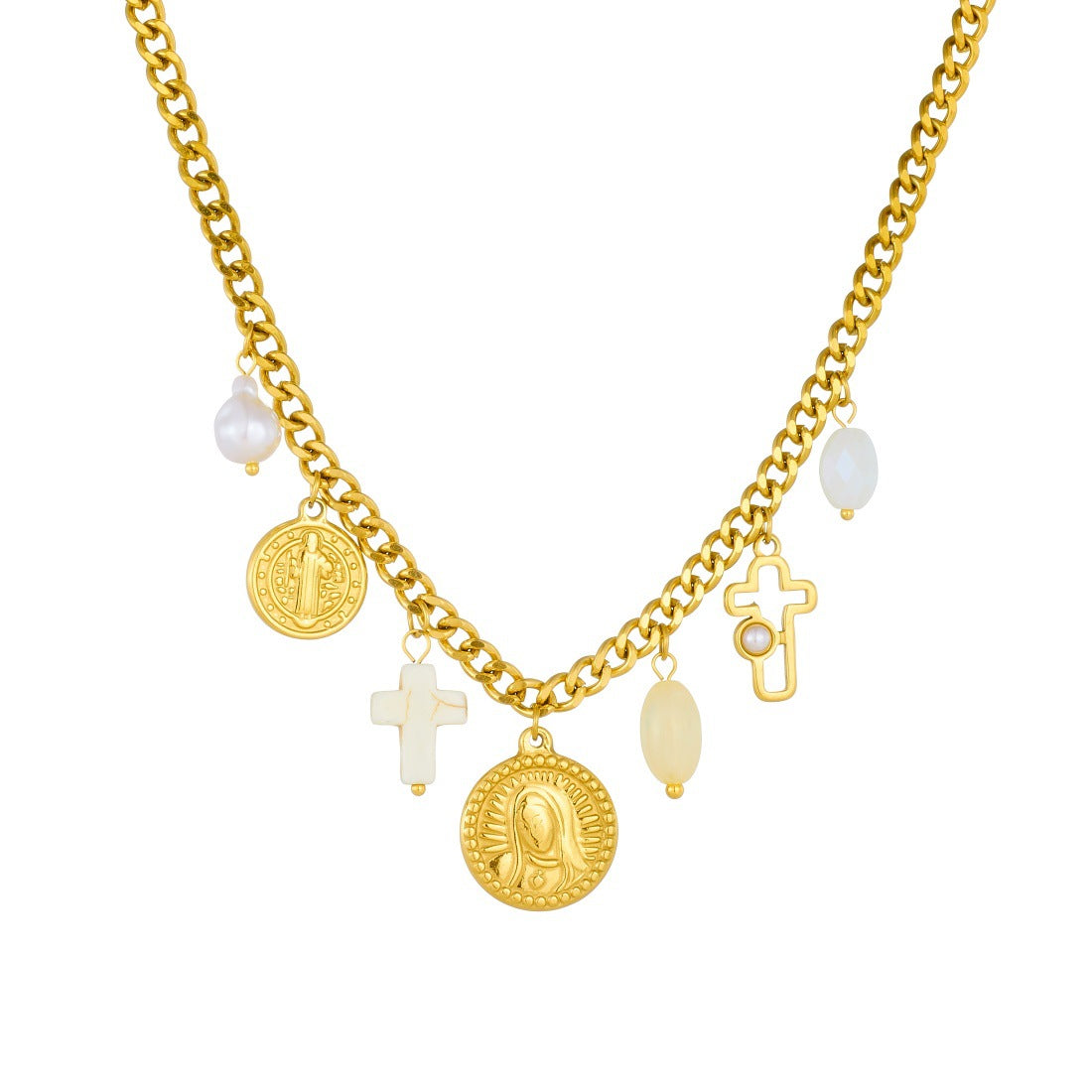 Vintage Elegant Oval Cross Relief Stainless Steel Pendant Necklace Set for Women