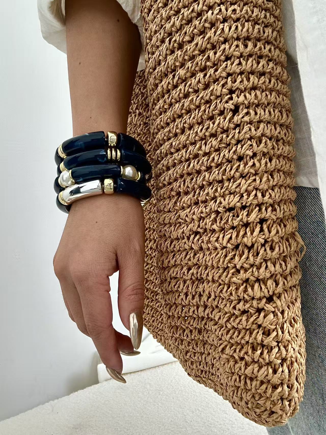 Bracciale Acrilico Vintage con Gradiente Geometrico placcato e Perline con design a Bambù