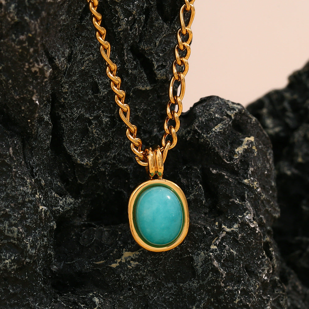 Minimalist Geometric Pendant Necklace for Women Stainless Steel with 18K Gold Plating and Turquoise Stone on Curved Chain