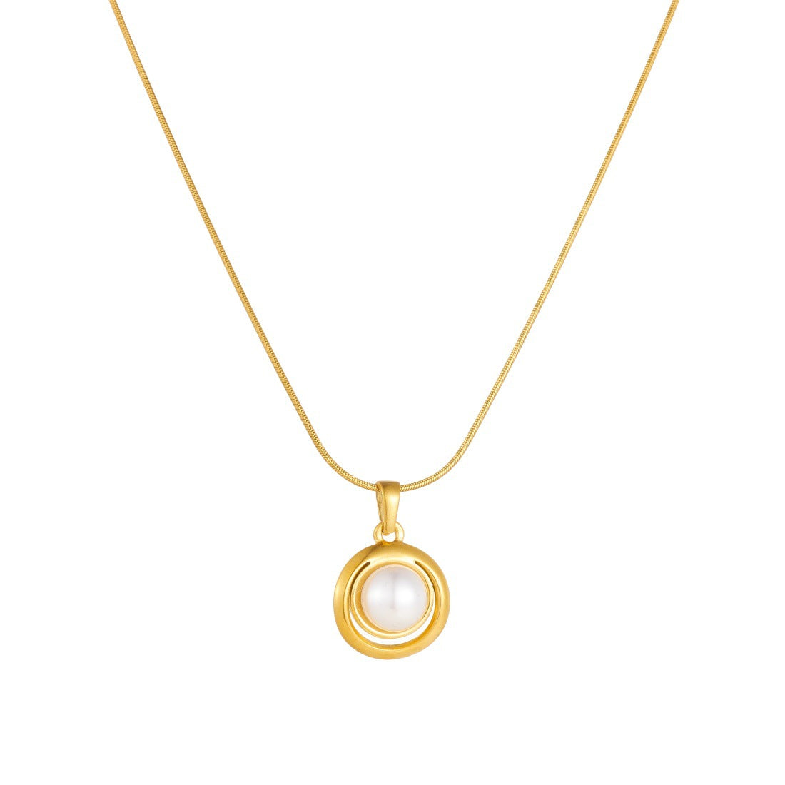 Vintage Casual Geometric Round Gold Plated Stainless Steel Pearl Necklace with Snake Chain for Women