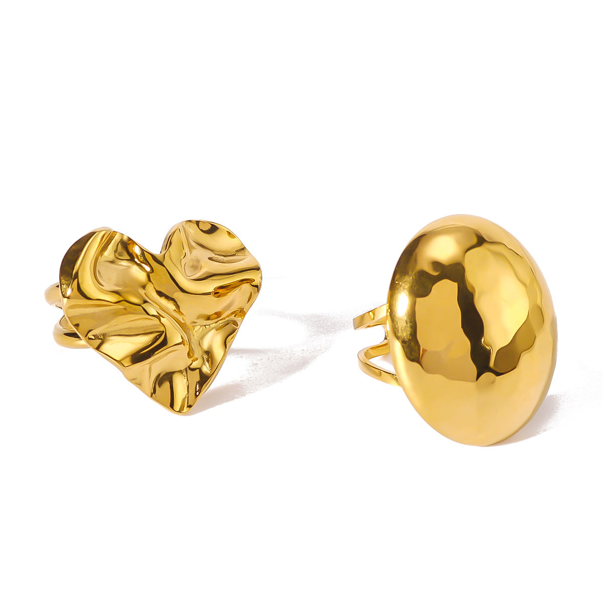 Vintage Stainless Steel Adjustable Heart-Shaped Hammered Texture Ring with 18K Vacuum Plated Gold Finish