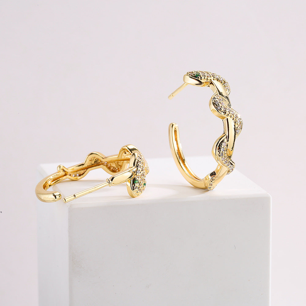 Ins Style Geometric Snake Shape Copper Earrings for Women with 18K Gold Plating and Zircon Inlay