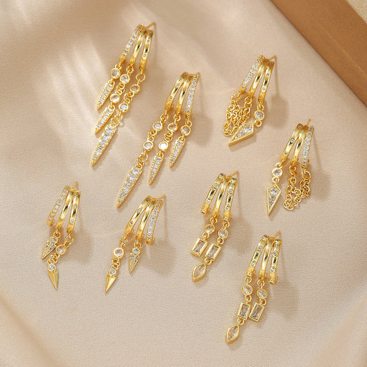 Hip-hop Gold Plated Brass Teardrop Round Cubic Zirconia Earrings with 925 Sterling Silver Posts for Women