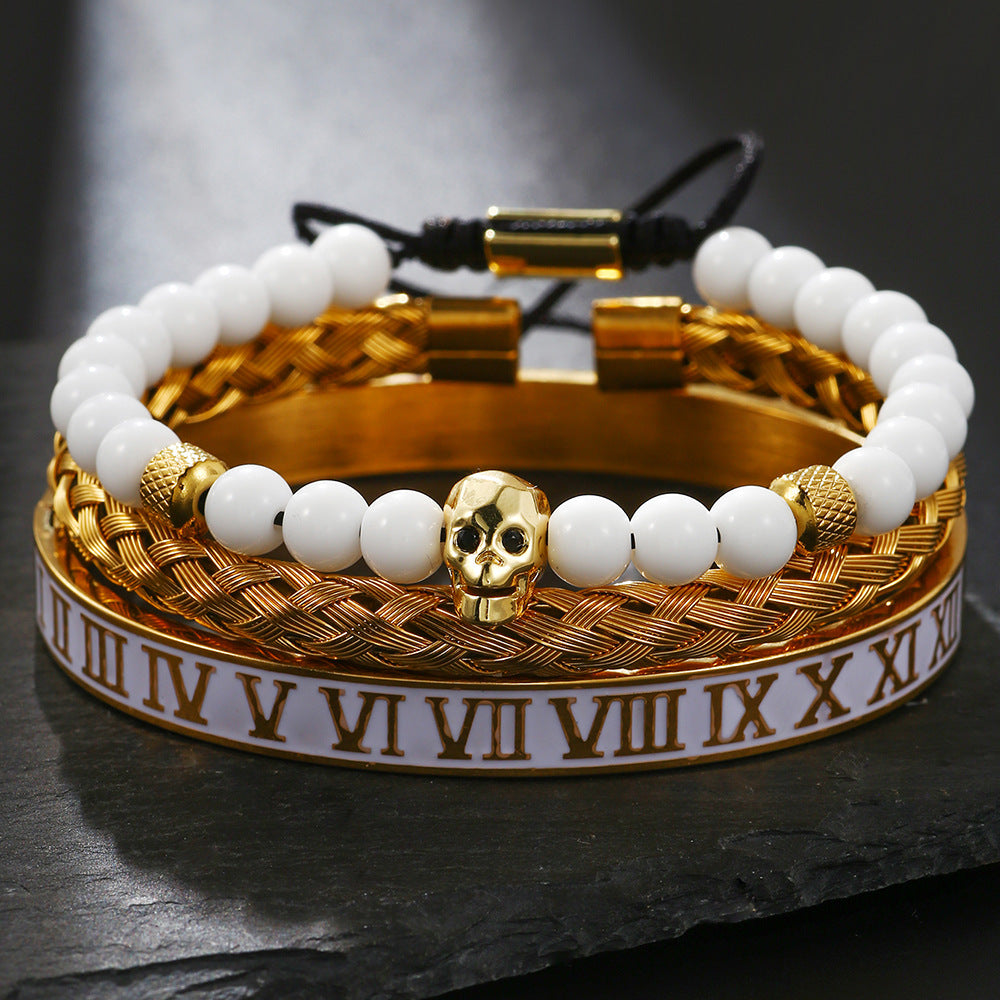 White Drip Oil Plated Stainless Steel Bracelet Set with Cubic Zirconia Skull, Leopard Head, Crown and Roman Numbers