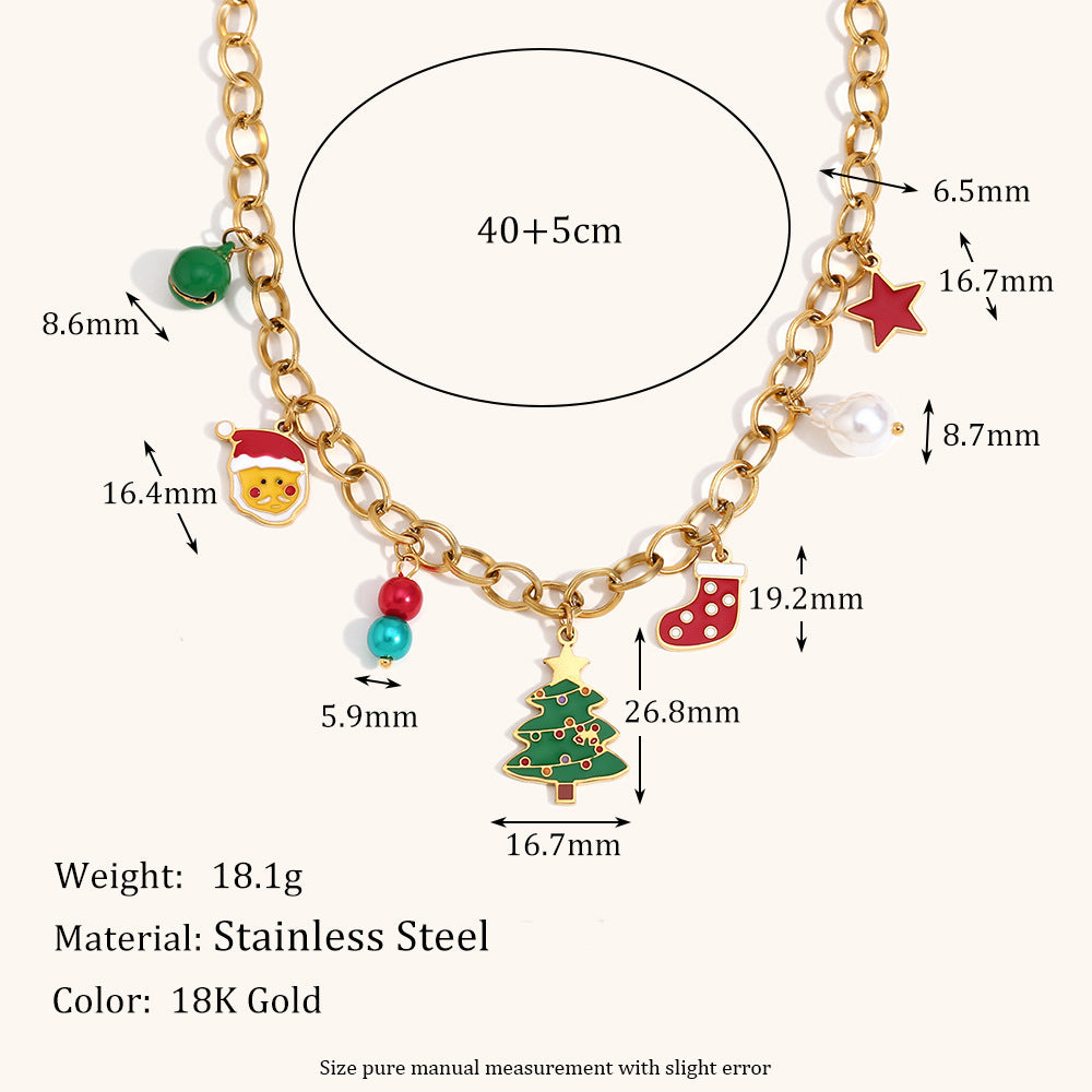 Collar con colgante de campana navideña de moda para mujer, acero inoxidable con baño de oro de 18 quilates, diseño de Papá Noel y árbol de Navidad de dibujos animados
