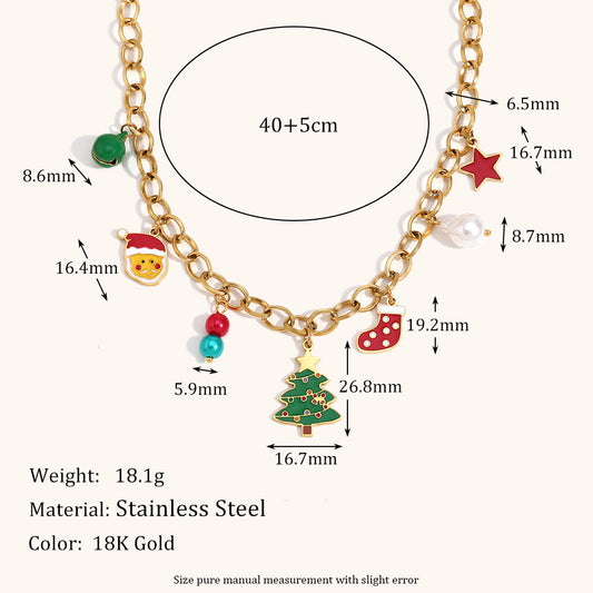 Collar con colgante de campana navideña de moda para mujer, acero inoxidable con baño de oro de 18 quilates, diseño de Papá Noel y árbol de Navidad de dibujos animados