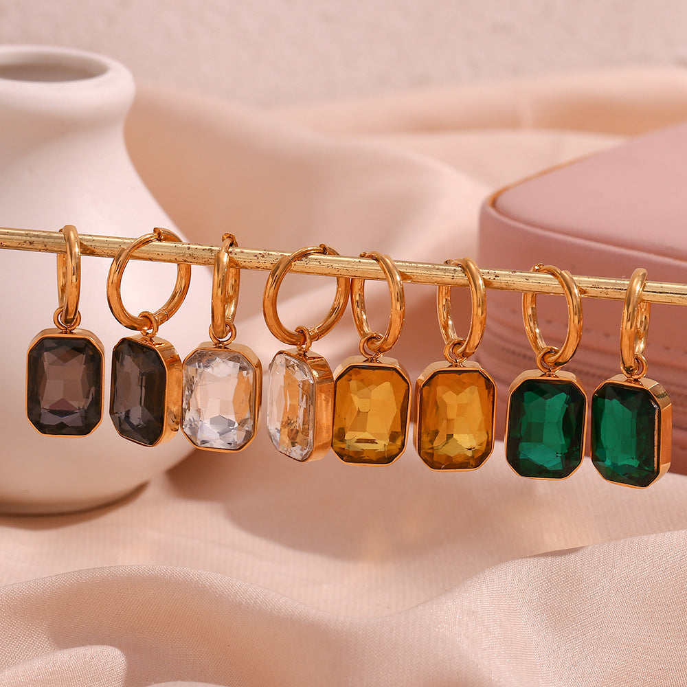 Fashionable Geometric Stainless Steel Earrings with 18K Gold Plating and Rectangular Cubic Zirconia Pendants for Women