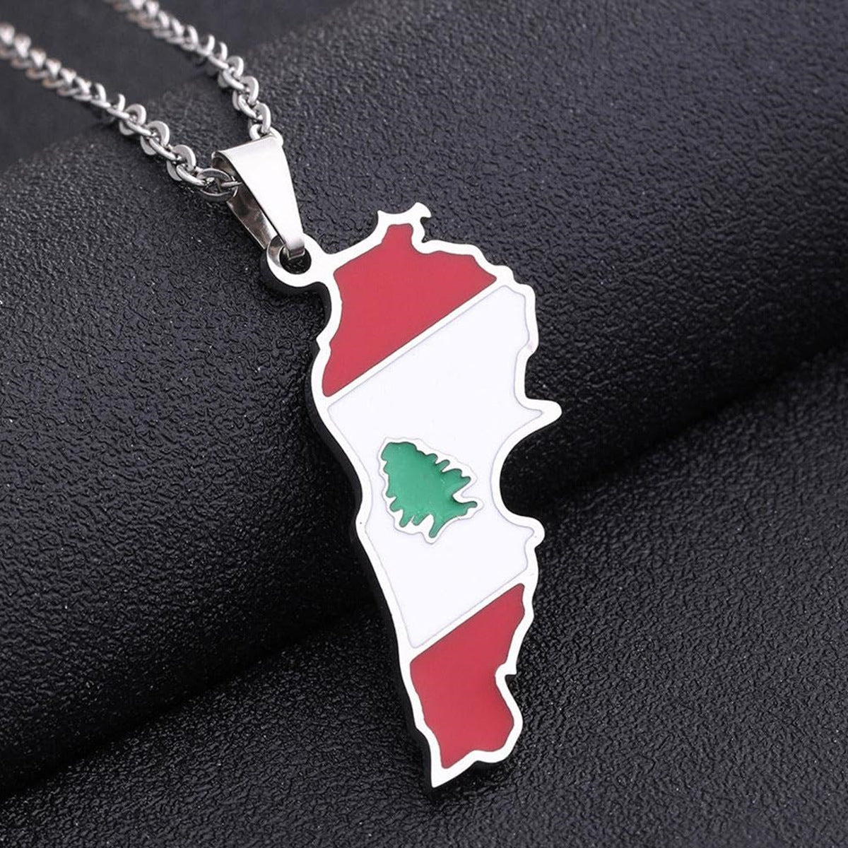 Minimalist Geometric Lebanon Map and Flag Pendant Necklace in Titanium Steel with Enamel Finish for Unisex