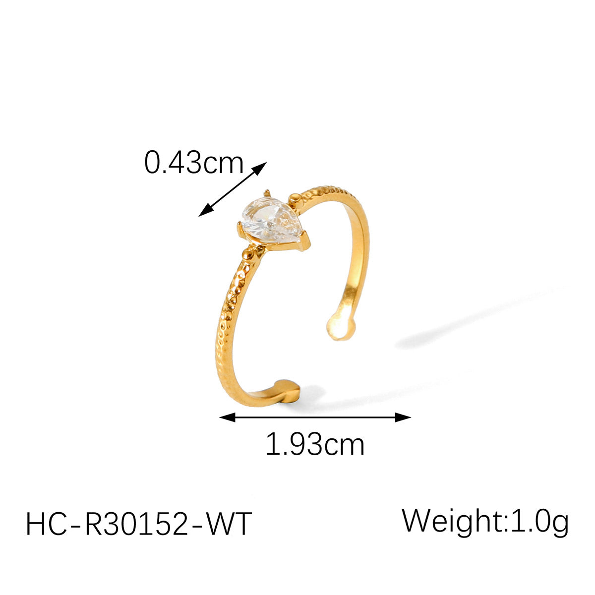 Vintage French Light Luxury 18K Gold Plated Stainless Steel Zircon Waterdrop Hammered Texture Open Ring for Women