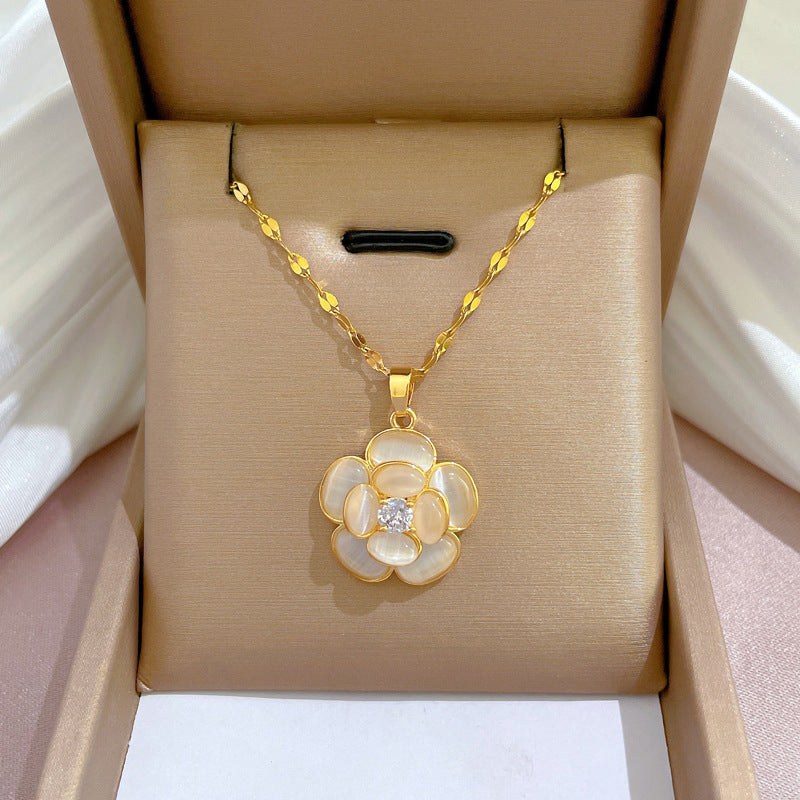 Collar con colgante de luna geométrica para mujer en acero de titanio con acabado chapado, elegante cadena de clavícula para bodas y fiestas