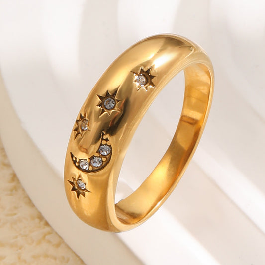 Vintage Minimalist Geometric Star Moon 18K Gold Plated Stainless Steel Ring for Women