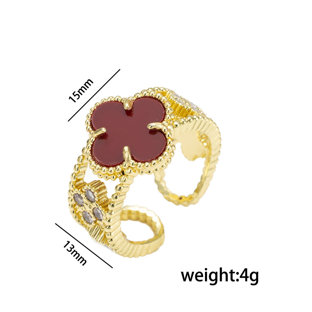 Minimalist Clover-Shaped Zirconia Ring in Gold-Plated Copper with Adjustable Band for Women