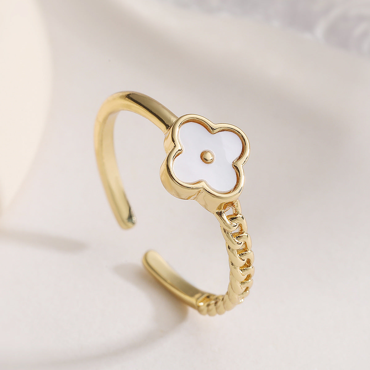 Minimalist 18K Gold Plated Brass Geometric Floral Open Ring for Women