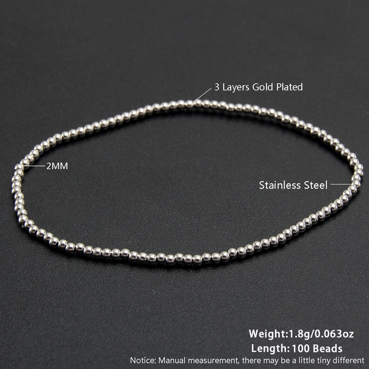 Gold Plated Stainless Steel Ball Chain Bracelet Unisex Elastic Beaded Hand String