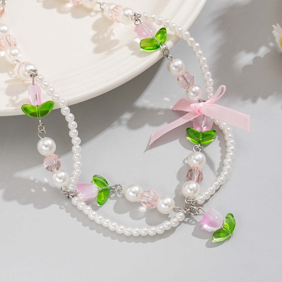 Ins Style Strawberry Pendant Necklace with Pearl-Look Beads, Heart and Star Charms, Tassel Accents, Plated Alloy, Handmade Chain for Women