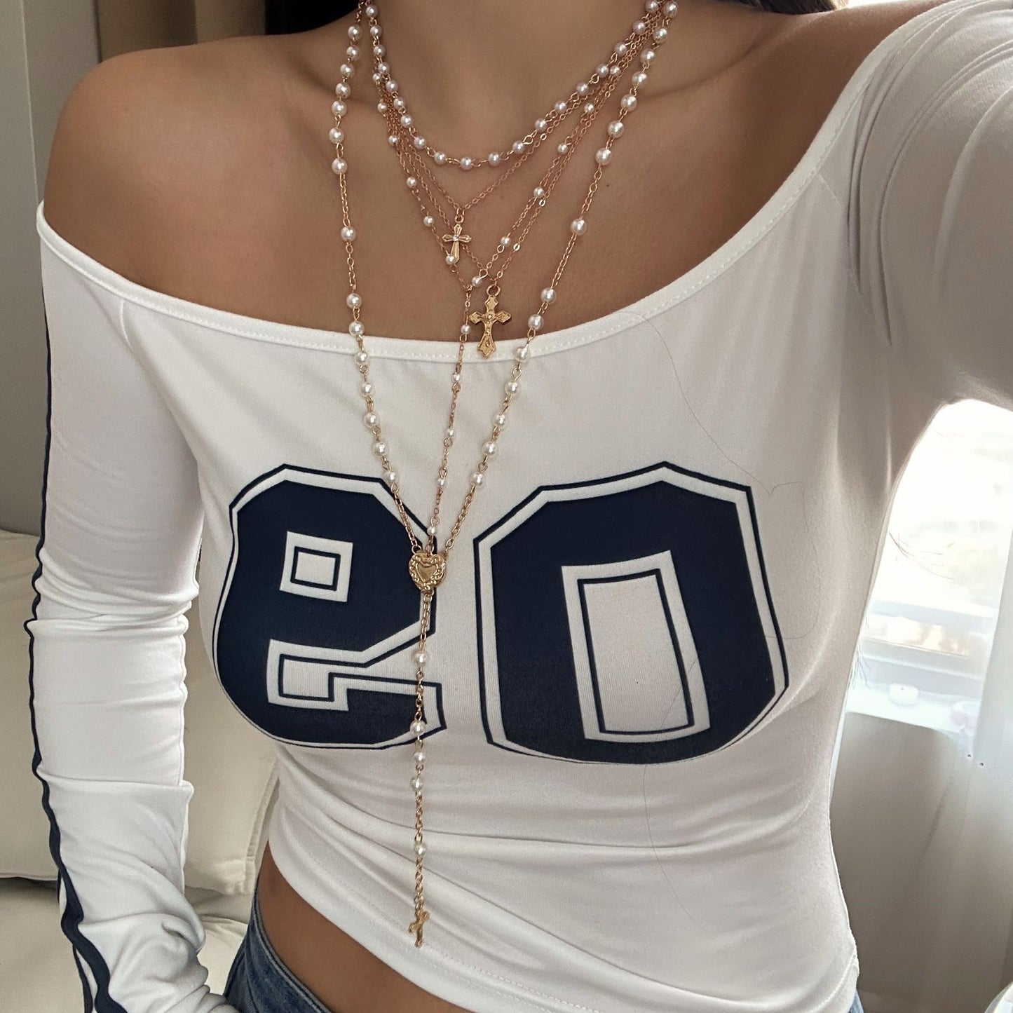 Elegant Casual Alloy Cross Heart Pendant Multi-layer Y-Necklace with Beads for Women