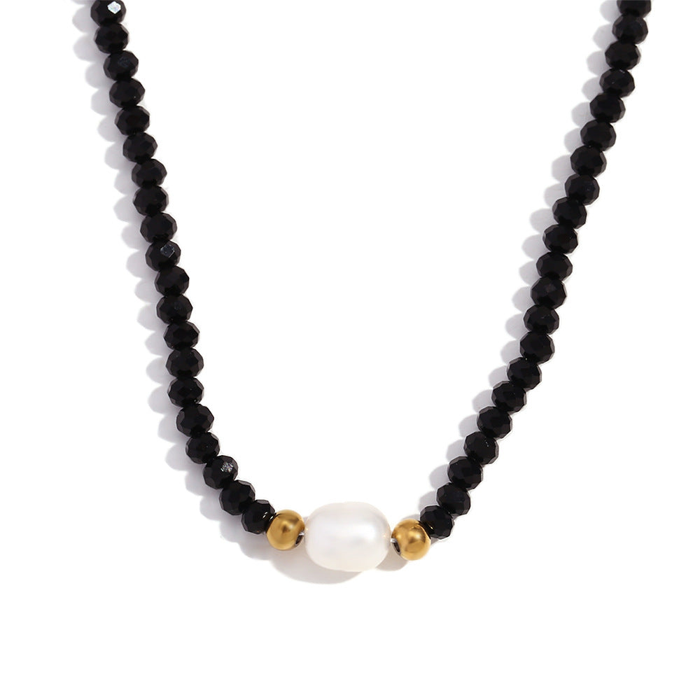 Fashionable Vintage Geometric Stainless Steel Pendant Necklace with Freshwater Pearl and Light Crystal Beads for Women