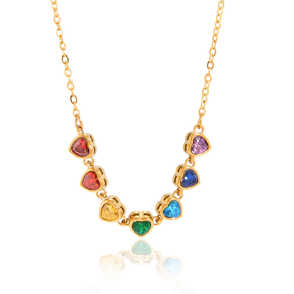 Minimalist 18K Gold Plated Geometric Heart Stainless Steel Necklace with Colorful Cubic Zirconia for Women