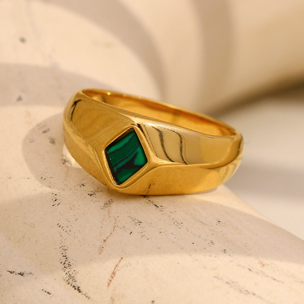 Minimalist Geometric Stainless Steel Plated 18K Gold Malachite Ring for Women