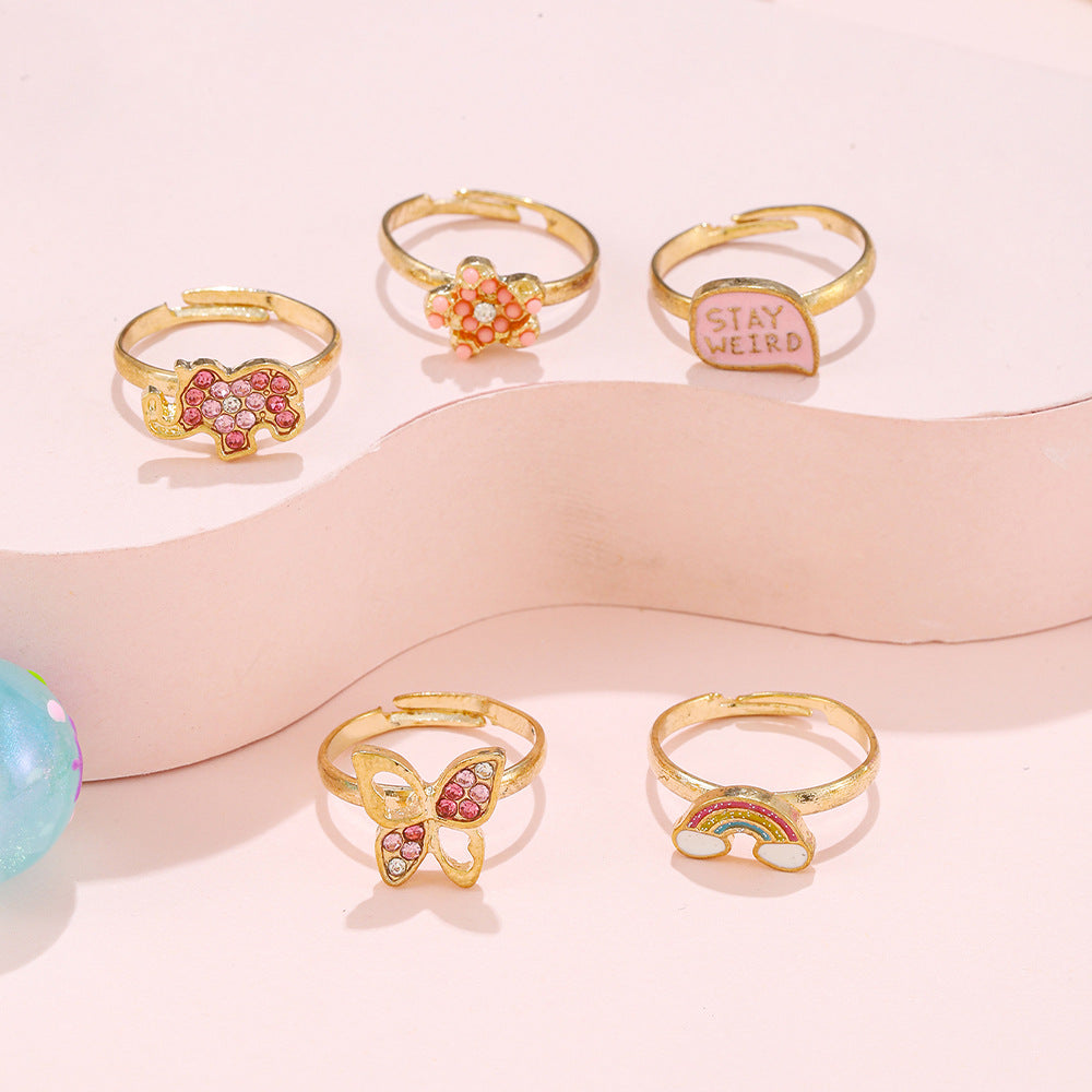 Anello Regolabile per Bambini a Cartone Animato con Farfalla Arcobaleno in Lega con Finitura Smaltata e Intarsio di Strass