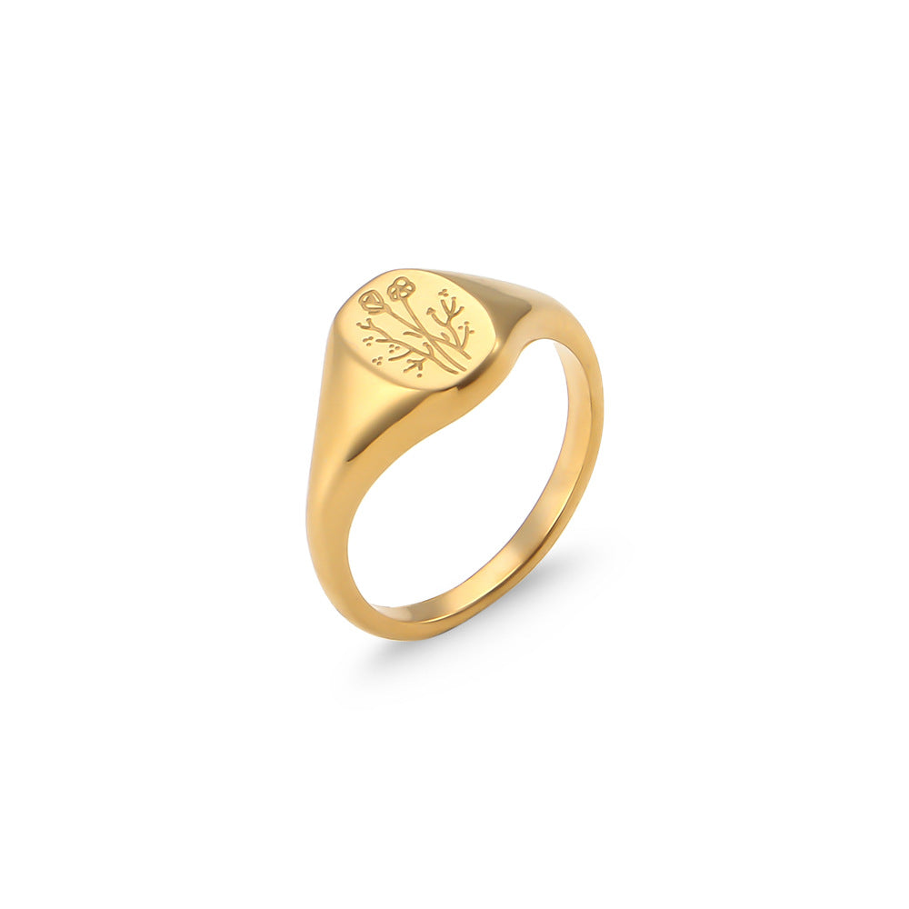 Anello da donna alla moda in acciaio inossidabile a forma di girasole con finitura galvanica e motivo lavanda inciso