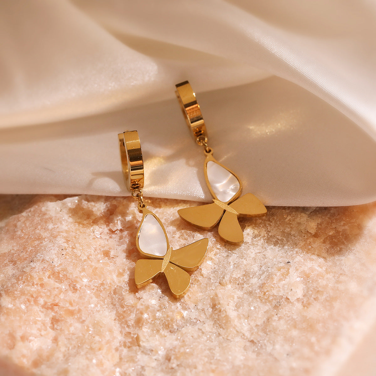 Minimalist Butterfly-Shaped Titanium Steel Earrings for Women with Real Gold Plating, Instagram-Style Fashion Accessory