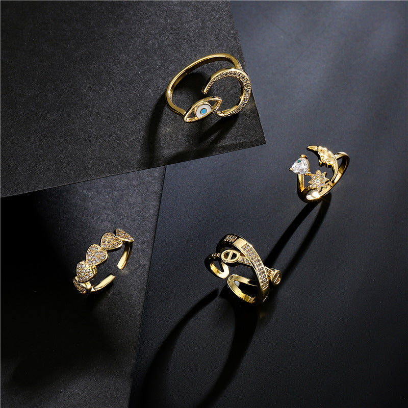 Geometric Star Moon Heart Micro-inlay Cubic Zirconia Brass Ring for Women