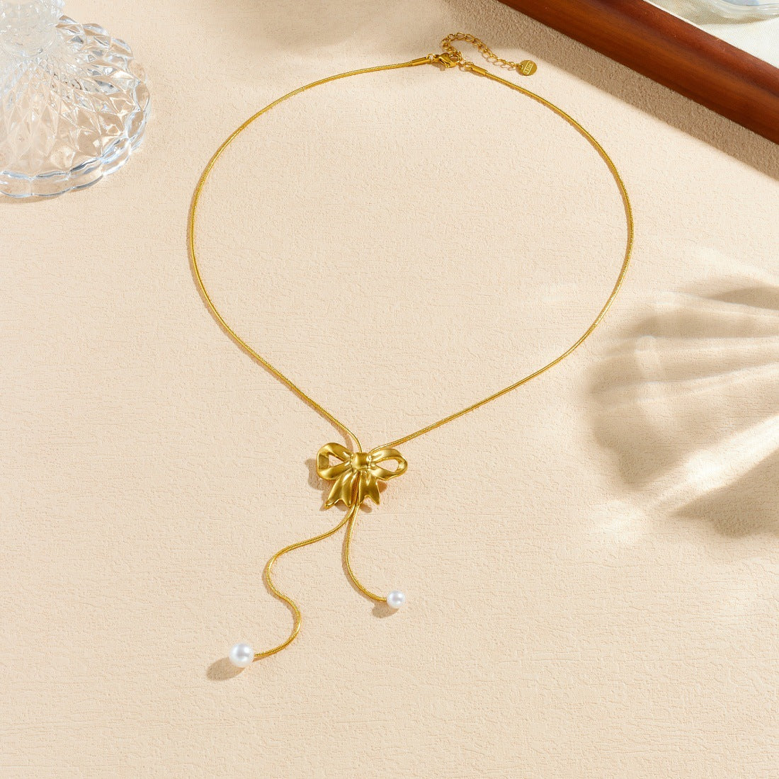Gold Plated Bow Pearl Tassel Stainless Steel Snake Chain Necklace