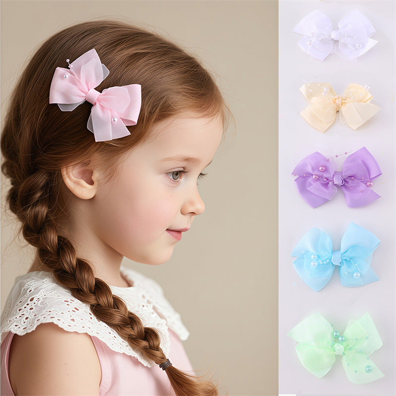 Graziosa molletta per capelli coreana per bambine con fiocco, design a rete arricciata 3D, forcina in resina plastica a becco d'anatra di colore rosa