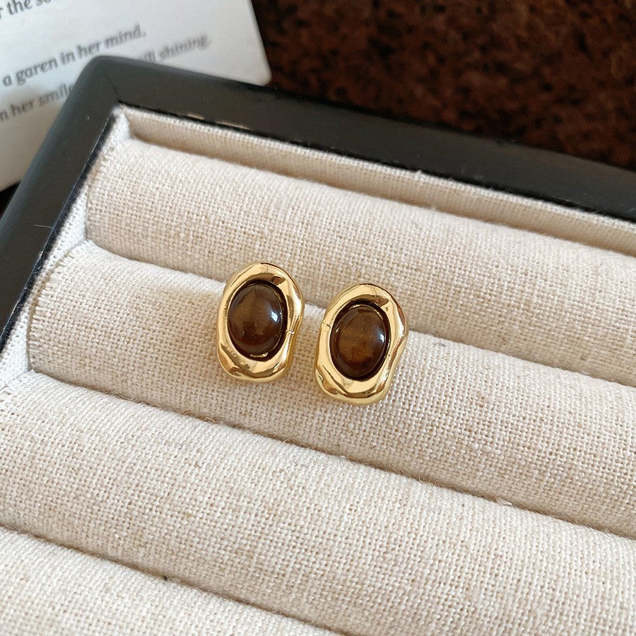 Orecchini a perno geometrici vintage in occhio di tigre, in acciaio placcato oro 18 carati da donna