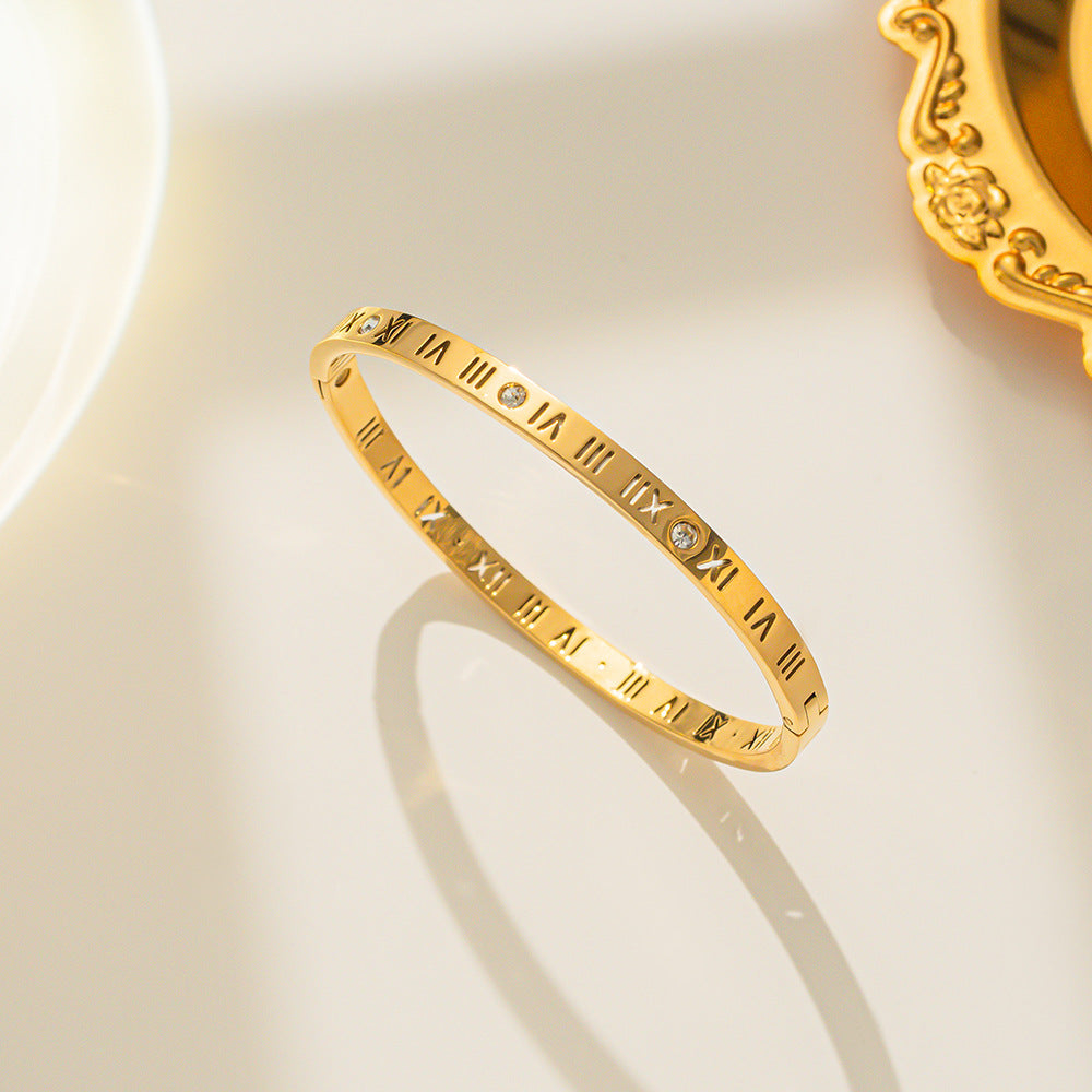 Bracciale con numeri romani in acciaio al titanio con placcatura in oro, bracciale aperto regolabile, gioielli da donna