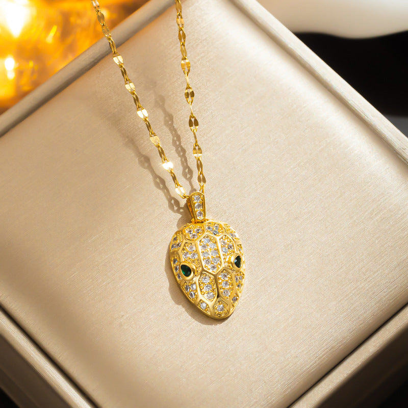 Minimalist Snake Head Pendant Necklace in Titanium Steel with Micro-Pavé Zirconia, Geometric Design Clavicle Chain for Women