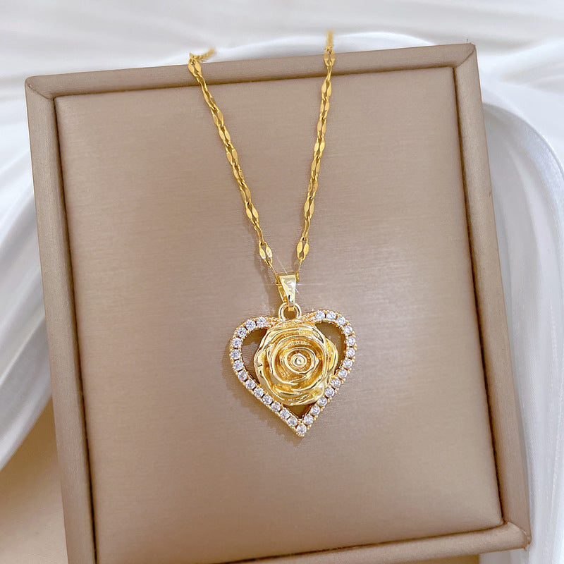 Sweet Elegant Heart Rose Cubic Zirconia Titanium Steel Necklace for Unisex