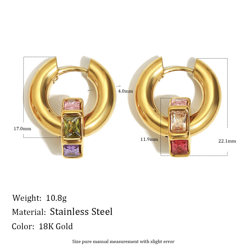 Orecchini Minimalisti Geometrici da Donna in Acciaio Inox con Placcatura in Oro 18K e Intarsio di Strass Colorati