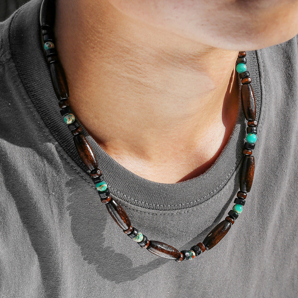 Bohemian Vintage Geometric Wood and Turquoise Beaded Necklace with Cable Chain for Unisex