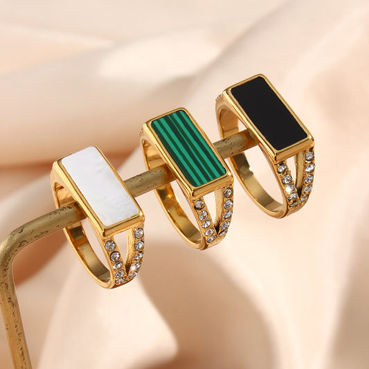 Vintage-Inspired Geometric Stainless Steel Ring with Side Rhinestone Accents for Women