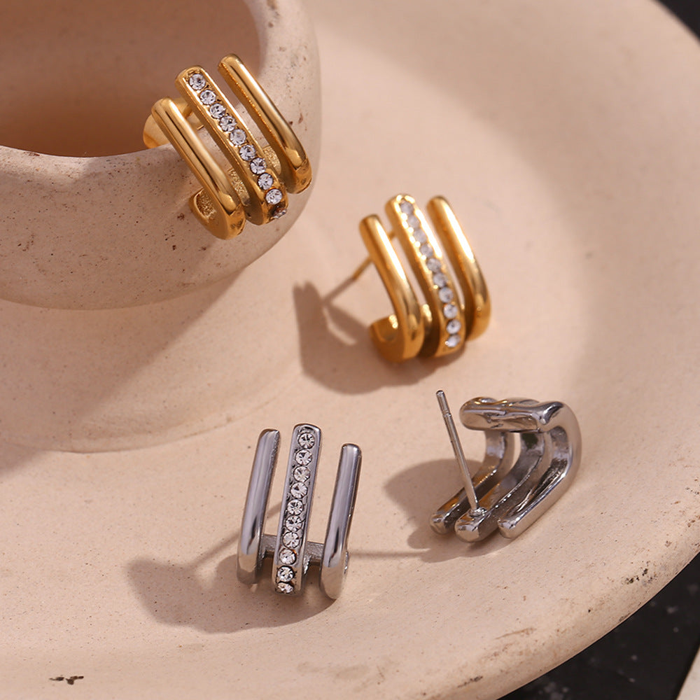 Minimalist Geometric Stainless Steel Ear Studs with 18K Gold Plating and Rhinestone Accents