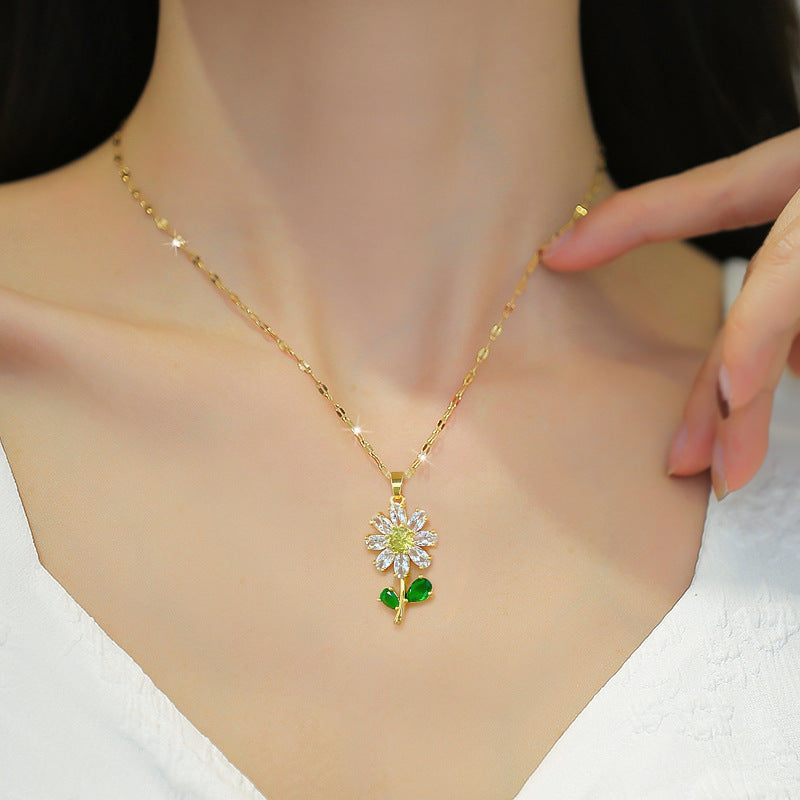 Luxury Titanium Steel Geometric Leaf and Flower Necklace and Earrings Set for Women, Micro-Paved, Plated, Elegant Party Jewelry