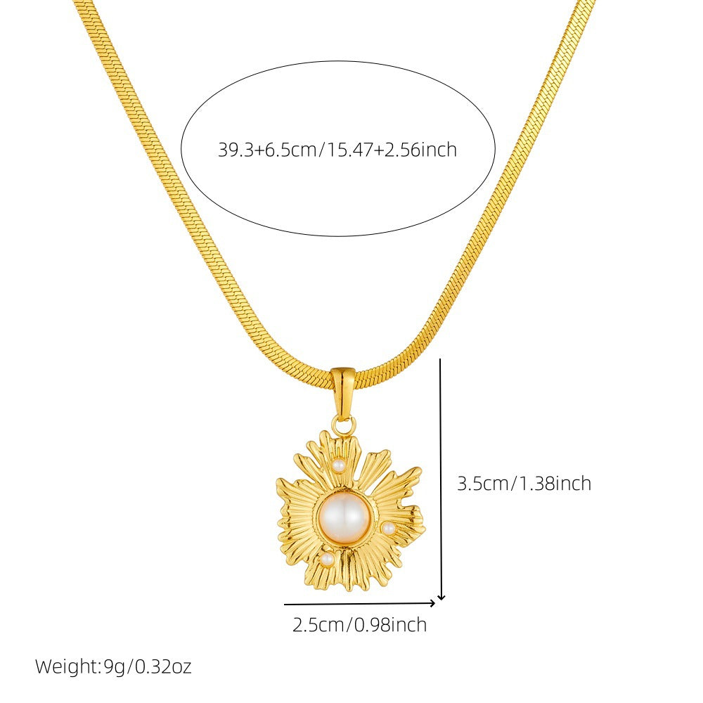 Elegant Business Gold Plated Geometric Stainless Steel Sunflower Freshwater Pearl Pendant Necklace with Serpentine Chain