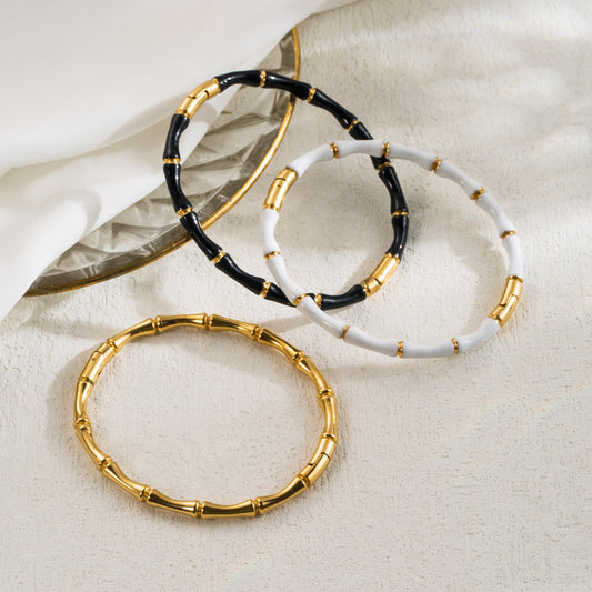 Sweet-Edgy Bamboo-Joint Stainless Steel Enamel Bangle Bracelet for Women
