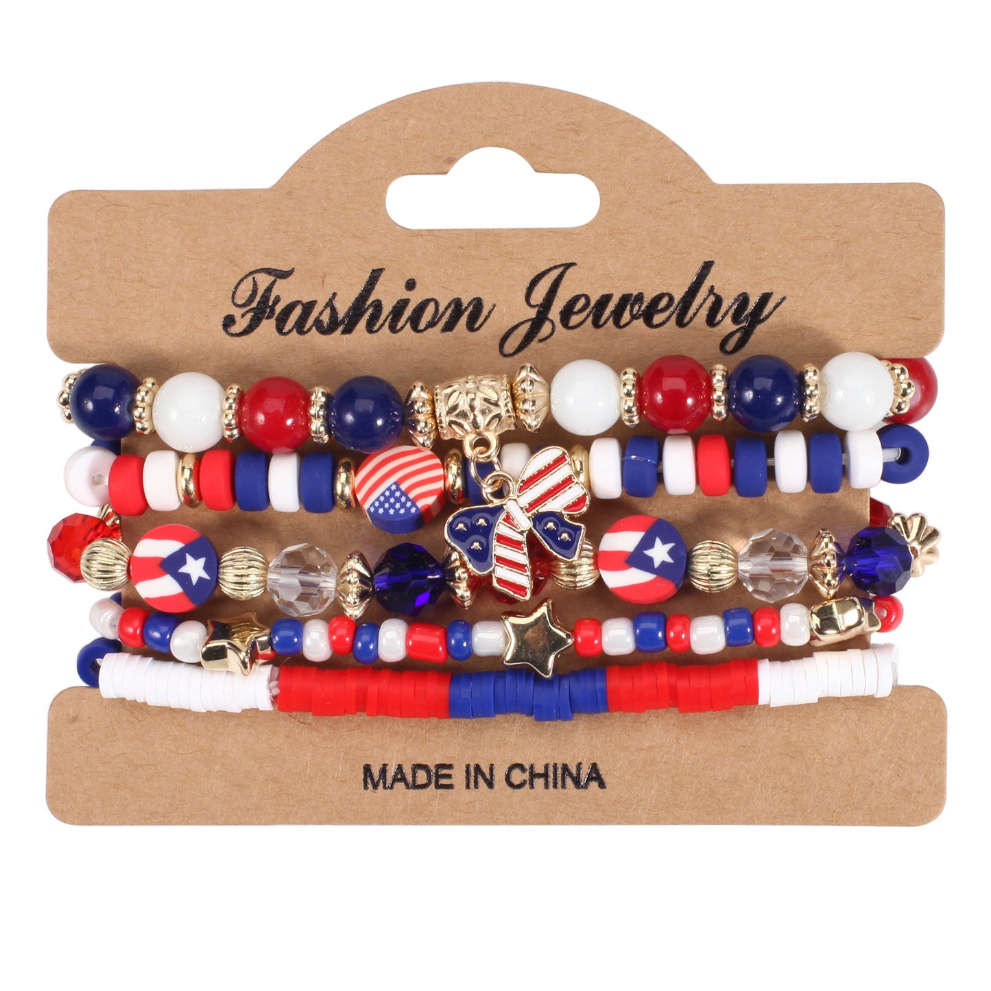 Unisex Red White Blue Resin Crystal Beaded Bracelet with Floral Pattern