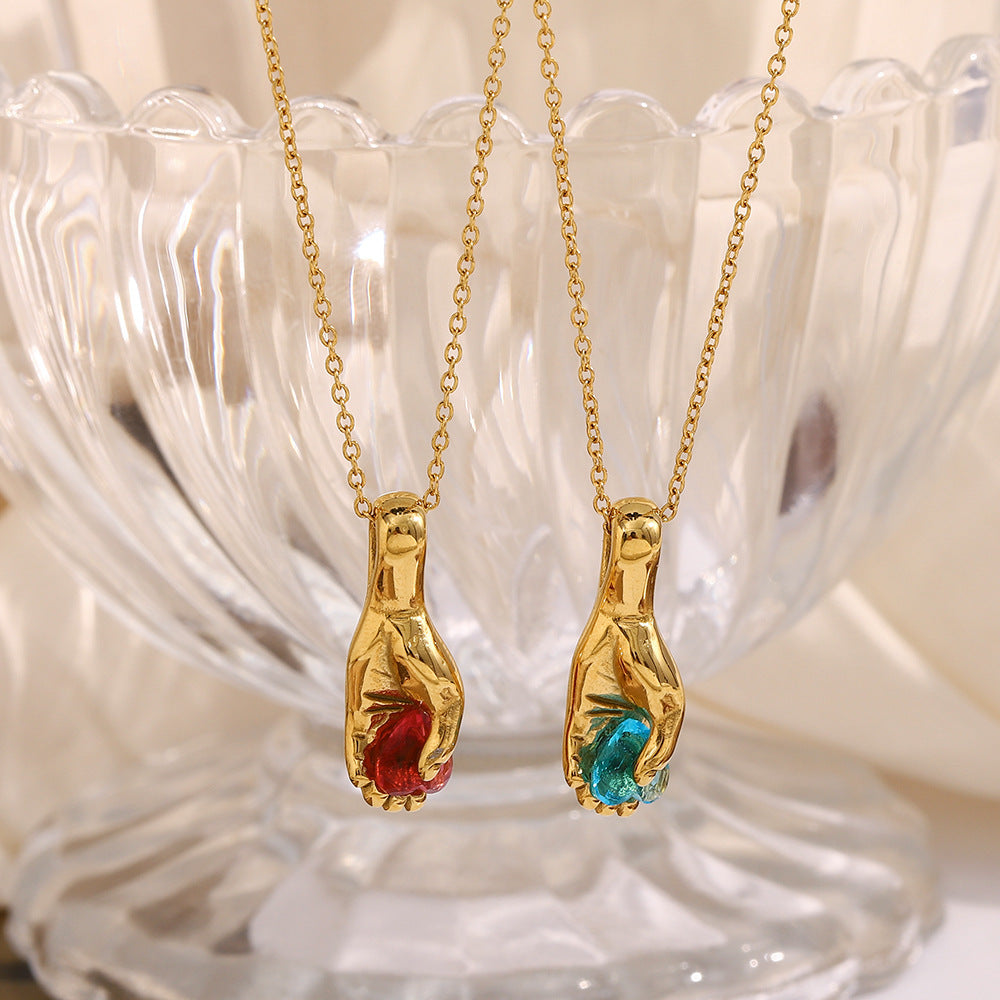 Minimalist Geometric Pendant Necklace in Stainless Steel with 18K Gold Plating and Hand-Held Gemstone Design for Women