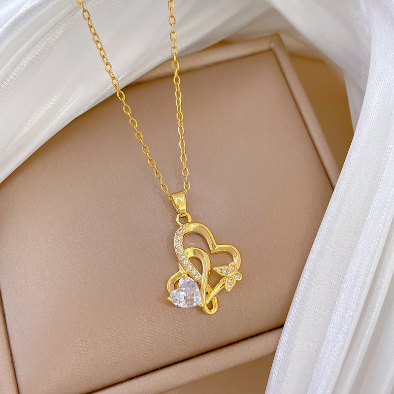 Collana con Ciondolo a Cuore a Fiocco Dolce e Fresco da Donna in Acciaio Inossidabile Minimalista con Strass Intarsiato